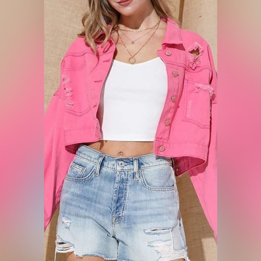 002. Rhinestone Fringe Distress Denim Jacket - Picture 3 of 3